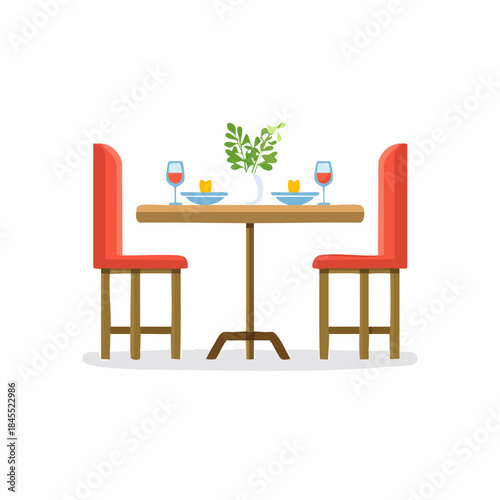 Elegant dinner setup with red chairs, dishes, drinks, and flowers for two guests in an inviting setting