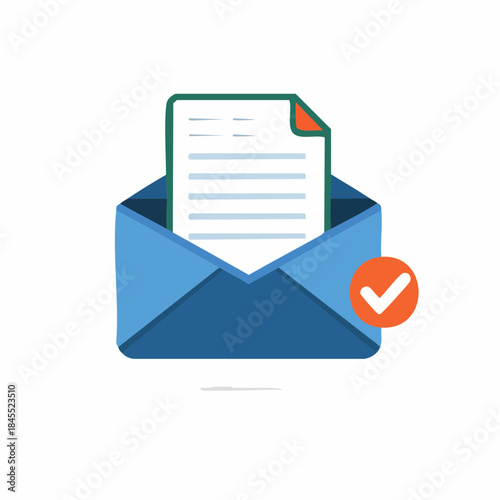 Email marketing document validation success message icon notification confirmation checklist.  Digital delivery of important documents.