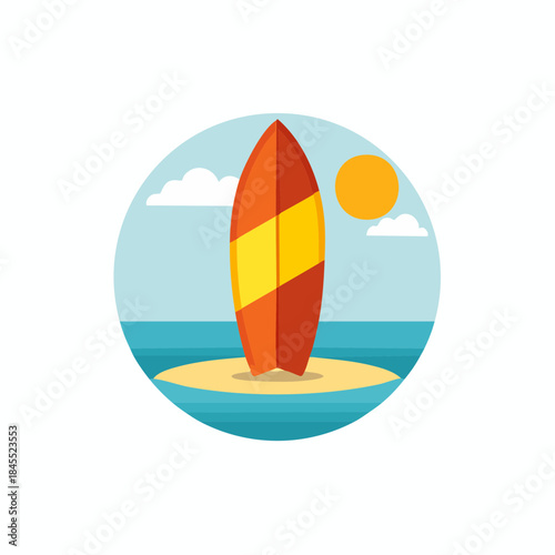 Isolated surfboard on a sandy island near ocean waters on a bright sunny day surrounded by fluffy white clouds