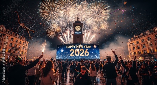 New year's eve 2026 celebration with fireworks and cheering crowd