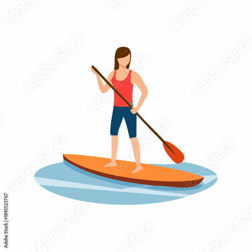 Woman paddleboarding on water recreation adventure summer outdoor sport fitness training activity enjoying scenic view healthy lifestyle