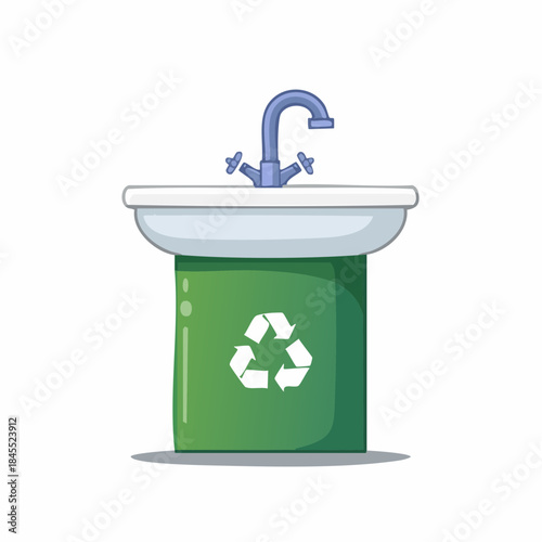 Water conservation cartoon sink with green recycling bin promoting eco friendly habits in home