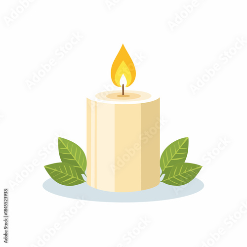 Burning candle with green leaves, vector graphic for spa and aromatherapy in soothing setting