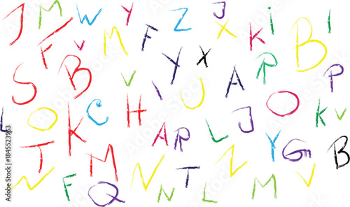 Colorful handwritten alphabet letters scattered on white background