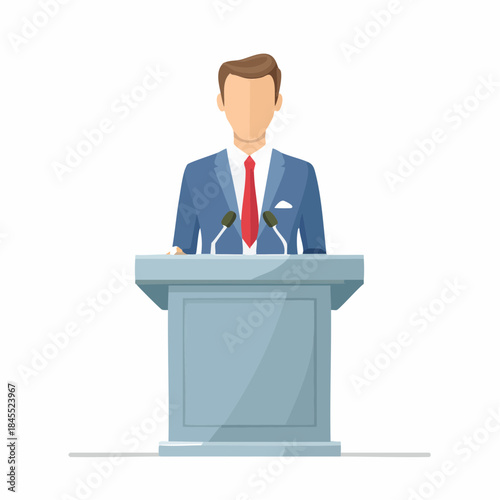 Public Speaker in Blue Suit Speaking at Podium with Microphones, Vector Illustration
