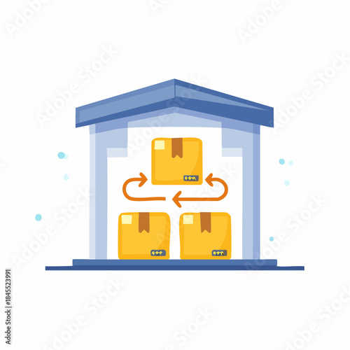 Inventory rotation and stock turnover in a warehouse shown with boxes and arrows