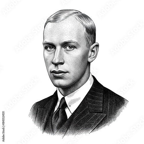 Black and white vintage engraving, close-up headshot portrait of Sergei Sergeyevich Prokofiev, the famous historical Russian classical music composer, pianist, conductor, white background, greyscale