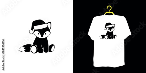 Black fox wearing santa hat on white background and t-shirt