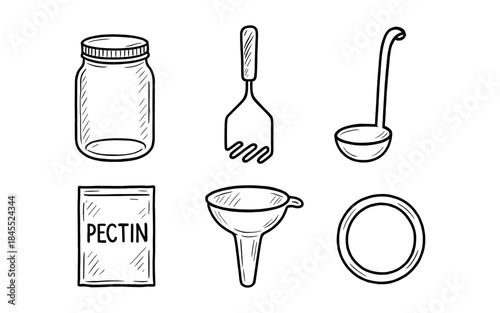Drawn canning supplies including jar, pectin, ladle, masher, funnel, and lid