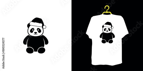 Black and white panda wearing santa hat on t shirt