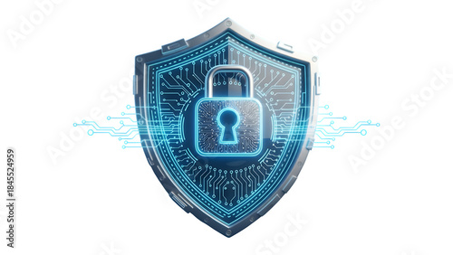 Foto Cybersecurity shield with glowing padlock and digital circuit pattern isolated o