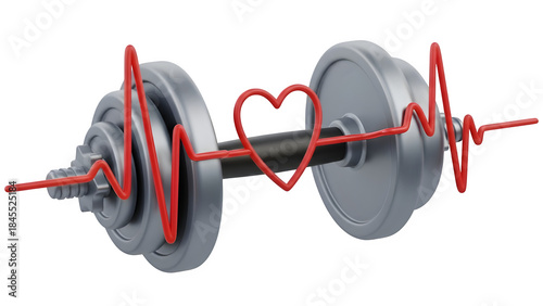 Fitness dumbbell with heartbeat line and heart shape isolated on transparent background