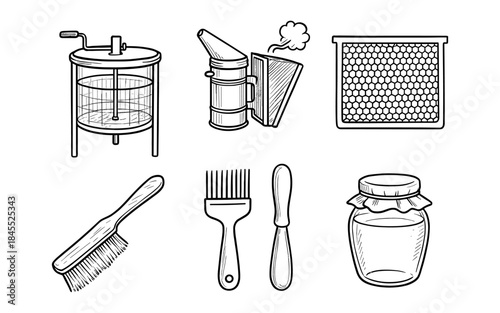 Collection of hand-drawn beekeeping equipment and honey jar illustrations