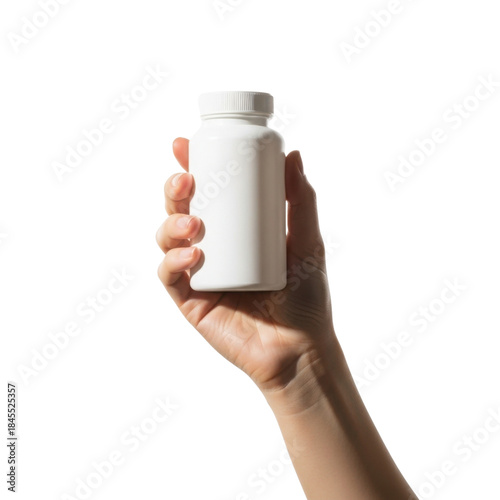 Hand Holding White Bottle of Pills or Supplements