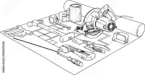 Construction tools and blueprints layout, an assortment of carpentry, building, and DIY equipment on architectural plans or schematics