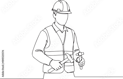 Continuous Line Drawing of a Construction Worker or Builder with Tools, Wearing a Hard Hat and Safety Vest, Representing Manual Labor and Craftsmanship.
