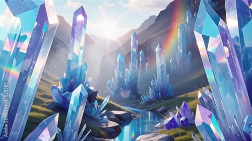 Radiant Crystal Formations Illuminate a Magical River Valley Under a Rainbow Sky.