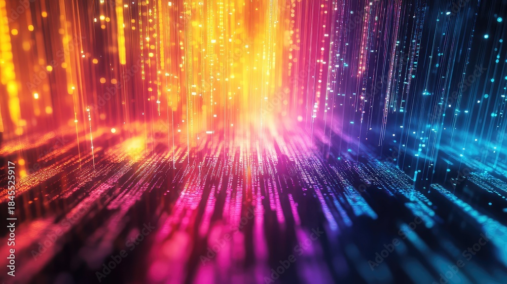 Fototapeta premium Digital data streams surge across a vibrant technology network, glowing particles and fiber optic lines visualize fast, dynamic information flow, global connectivity and futuristic transfer