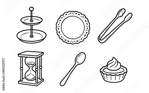 Collection of hand-drawn icons for baking, serving, and timekeeping elements