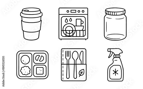 Collection of six icons representing reusable household and food items in a clean line art style