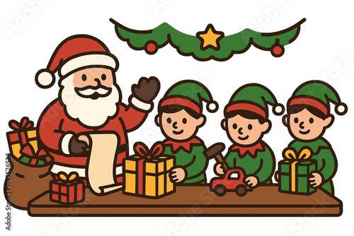In a festive workshop, Santa Claus and his helpers are preparing gifts for Christmas celebrations