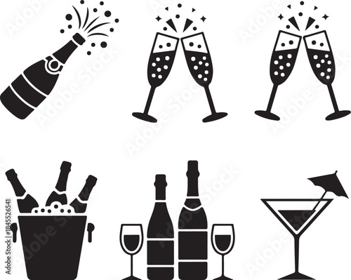 Celebration icons set with champagne and cocktails