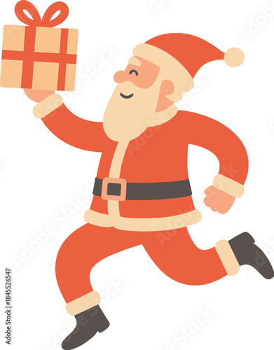 A full-length side view of an elderly man with a gray beard in a Santa Claus costume, leaping into the air while holding a present box, celebrating the Christmas holidays