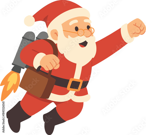 A full-body photo of a retired, childlike grandfather with a white beard, riding a suitcase jetpack, playing hero to save the universe, wearing a Santa Christmas costume, coat, spectacles, and