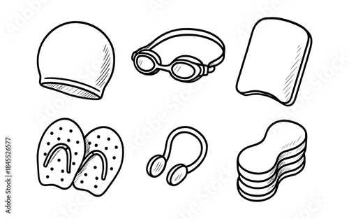 Hand-drawn collection of swimming gear and accessories for training and leisure