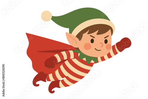 A cute animated elf boy in a red and white striped winter suit flies like a superhero, while a determined magical helper character soars, all set for a festive Christmas holiday theme