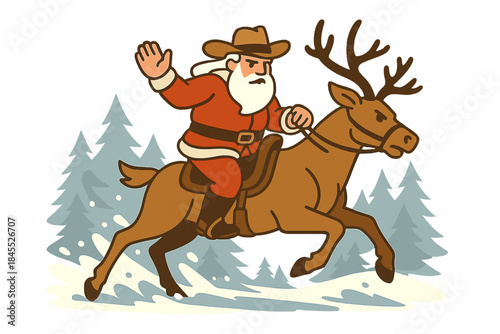 Santa Claus, decked in cowboy gear, surges across a snowy wilderness on a mighty reindeer, with snow swirling around them in a dynamic action scene