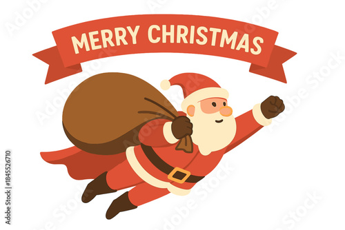 A Merry Christmas banner, with Santa Claus flying like a superhero, delivering a huge bag of Christmas gifts