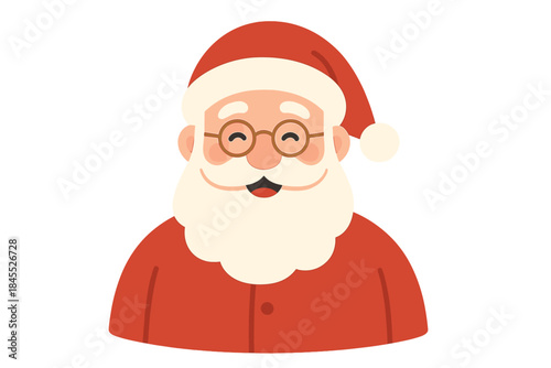 Santa Claus, dressed in a classic red suit with a white fur collar and hat, sports a white beard, glasses, and a smile that evokes the winter magic and joy of Christmas