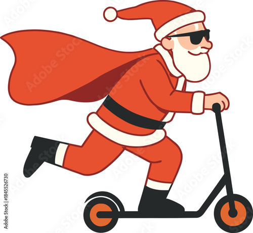 Side view of a jovial, old Santa Claus in his 50s, dressed in a red suit, superhero coat, and Christmas hat, riding a kick scooter, isolated against a plain blue studio backdrop