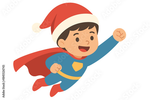 Cartoon boy superhero flying while wearing a Santa hat for Christmas