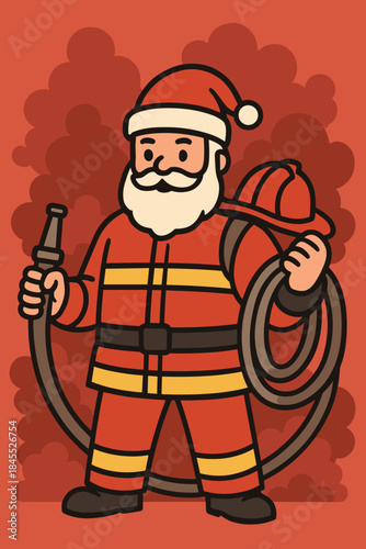 Santa Claus portrayed as a heroic firefighter, clutching a hose and helmet against a red, smoky backdrop, representing safety and service during the holiday season