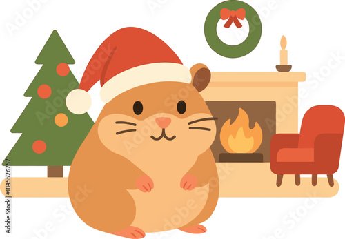 A hamster wearing a Santa Claus hat against a living room backdrop with a fireplace