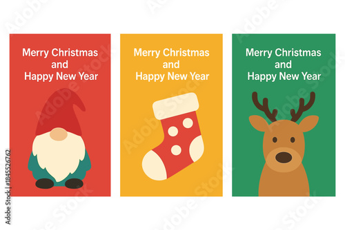 Season's greetings! Enjoy a set of printed greeting cards or banners from a printing house, featuring a dwarf, a Christmas sock, and a deer against a bright backdrop, all in a minimal poster style