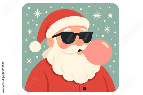 A humorous Santa Claus portrait featuring sunglasses and a pink bubble gum bubble, set against a snowy festive backdrop that radiates a playful holiday vibe in a contemporary comedic Christmas style