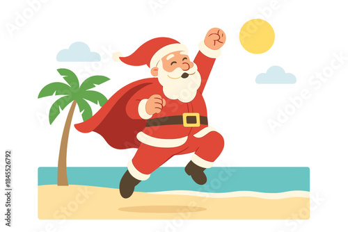 A whimsical conceptual image of Santa Claus leaping like a superhero on a tropical beach by the ocean