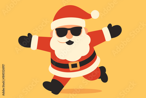Santa, wearing a red hat, white beard, and sunglasses, hurries toward the camera against a yellow backdrop, exuding a playful holiday spirit