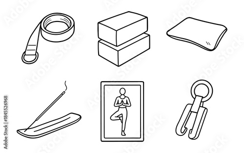 Collection of yoga and meditation accessories in a simple line art style