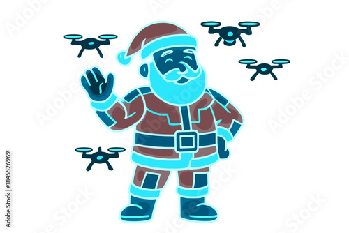 Santa Claus, clad in a luminous cyber suit and surrounded by hovering drones, embodies a futuristic take on holiday traditions that melds technology with Christmas spirit—a high‑tech Merry Christmas