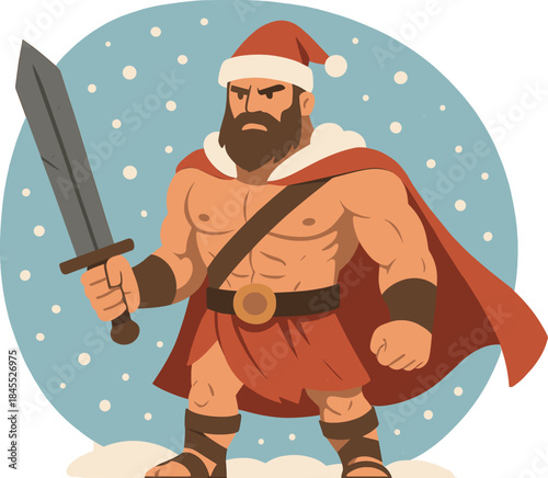 A fierce warrior wearing a Santa hat stands before a snowy backdrop, radiating strength and holiday cheer in a magical setting