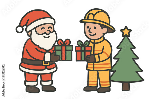 During the Christmas celebration, Santa Claus and a firefighter swap presents