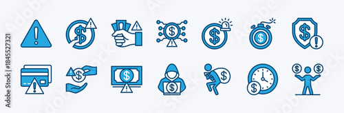Banking finance risk icon set. Contains bankrupt, hacking, alert information, personal data theft, digital money exclamation mark, deadline sign, credit card warning, security, loan - illustration