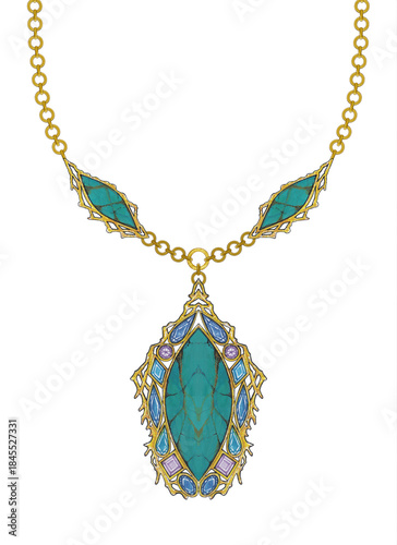 Jewelry design gold necklace with turquoise by hand drawn.
