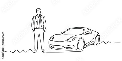 One line drawing of businessman standing next to sports car