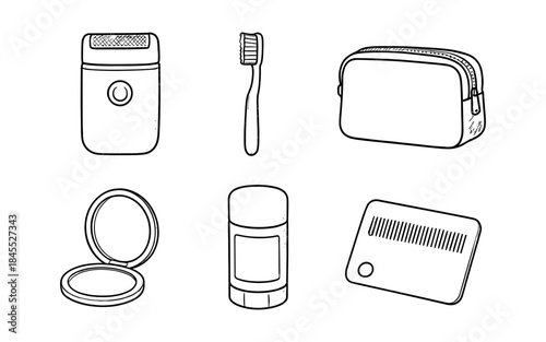 Hand-drawn collection of personal grooming and hygiene items on a white background
