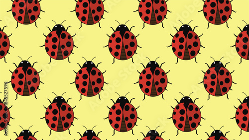 Cute and cheerful seamless pattern of cartoon red ladybugs with black spots arranged in a grid on a bright yellow background.